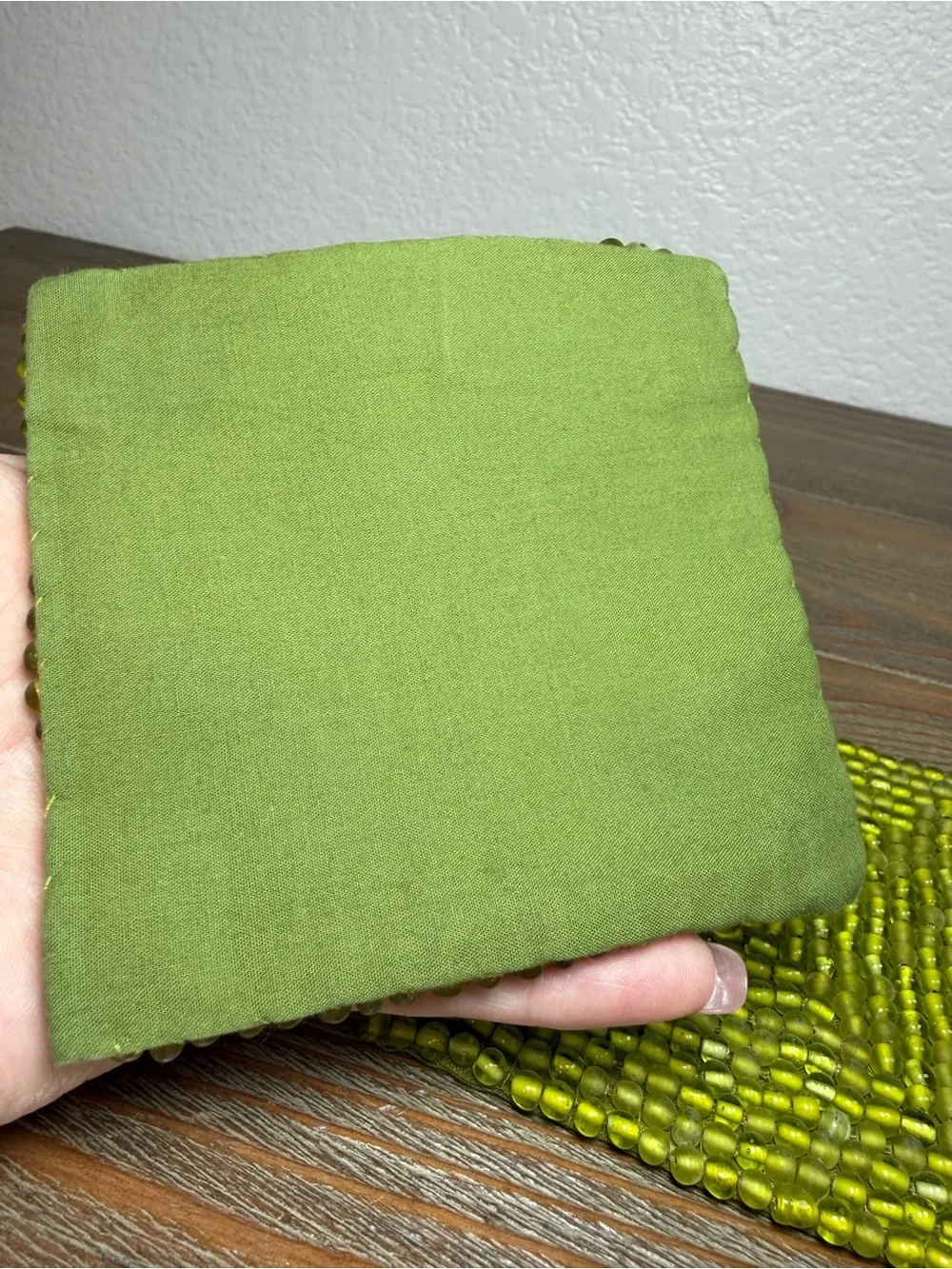 NWT Pottery Barn Green Glass Beaded Coasters Set of Four 4” Square Made in India